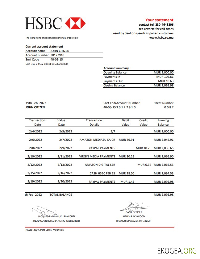 Relevé bancaire HSBC de Maurice